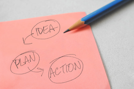 Sticky note with business plan and pencil on tableの写真素材