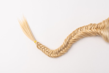 Human, natural light blond hair tress on white isolated background. An example of a fashionable hairstyle for a poster or an hairdressing website.の写真素材