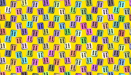 Many colored dice with the number six on a yellow background, concept for luck or opportunitiesの写真素材