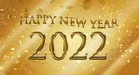 happy new year 2022, banner with golden numbers and letters and bokeh background