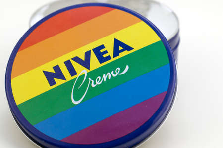 Berlin, Germany 02-23-2021: round Nivea cream jar with a lid in fabulous pride rainbow editionのeditorial素材