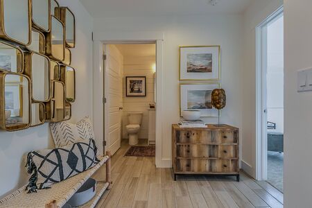 Front entry hallway of new home with beautiful decorationsの写真素材