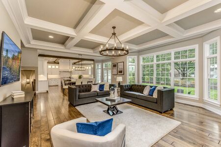 Great room with 10 foot coffered ceilings and lots of windows