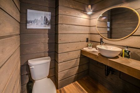 Cabin style wood paneled bathroom with vessel sinkの写真素材