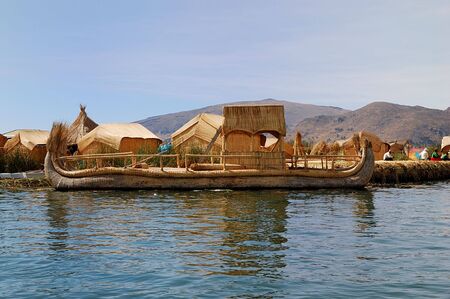 Reed boat from a Floating Uros Island on Lake Titicaca in Peruの写真素材