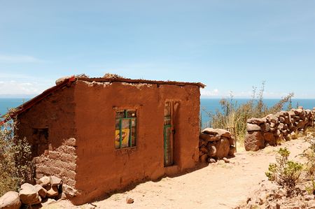 A Typical Tequile Island mud home on Lake Titicaca, Peruの写真素材