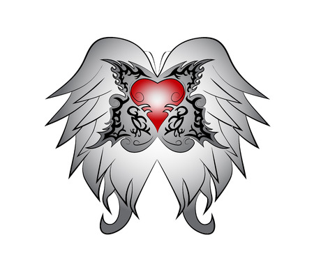 Wings with butterfly and red heart inside. Tribal in butterfly. のイラスト素材