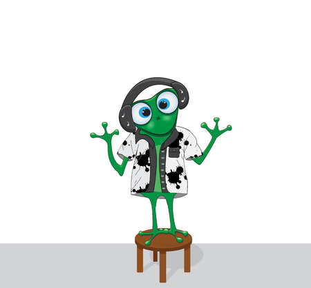 Cute cartoon frog on stool with headphones.のイラスト素材