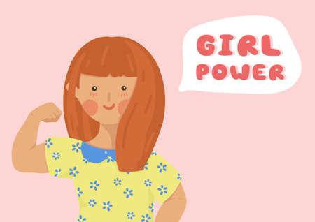 Girl Power Cute Doodle Design Vector, Feminism Movement, Freedom Attitude Illustration, poster talking fist trendy women drawn, cheerful woman hand drawn, with motto bubble, girlish and gender bandanaのイラスト素材