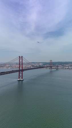 Aerial view of the 25th of April Bridge in Lisbon, Portugalの写真素材