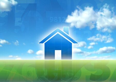 new house blue sky green grass concept illustration の写真素材