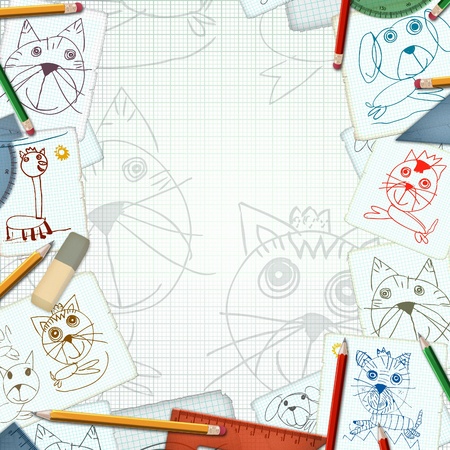 child desk with sketch and drawings background illustrationの写真素材