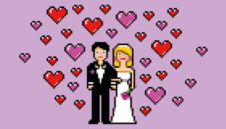 wedding card in pixel art game style vector illustrationのイラスト素材