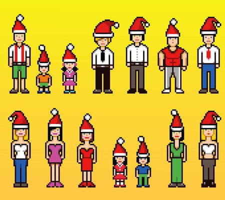 pixel art style vector people avatars in xmas santa claus hats isolated background