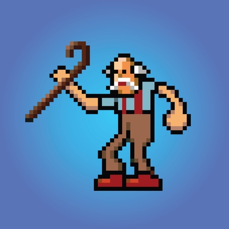 old man with stick in hand pixel art style illustration vector isolatedのイラスト素材