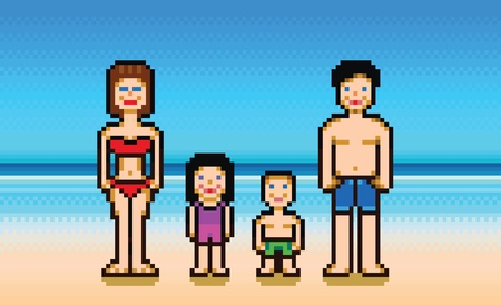 Happy family enjoying beach vacation pixel art style vector illustrationのイラスト素材