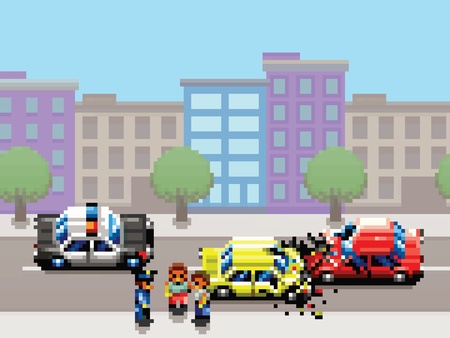 city car collision, police car and people pixel art game style retro illustrationのイラスト素材
