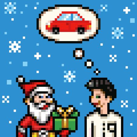 dream about new car for xmas - retro pixel 8 bit style vector illustrationのイラスト素材