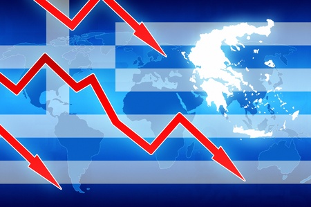 financial problems in Greece flag and red arrows - concept news background illustrationの写真素材
