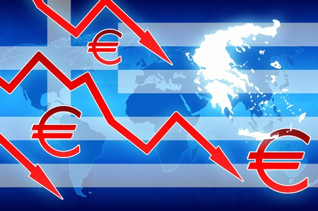 Greece crisis red arrows and euro currency symbol news background illustrationの写真素材