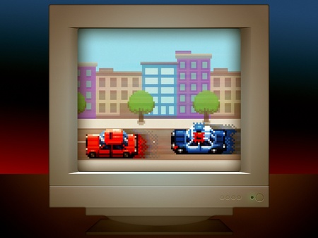 police car chase pixel art game retro monitor screen illustration