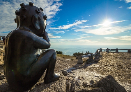 Kid from Mars sculpture, Jested mountain landscape, Liberec, Bohemia, Czech Republicの写真素材