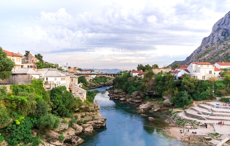 Neretva river, the city of Mostar, Bosnia and Herzegovina, Europeの写真素材