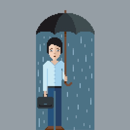 Sad man with umbrella in the rain, pixel art video game style illustrationのイラスト素材