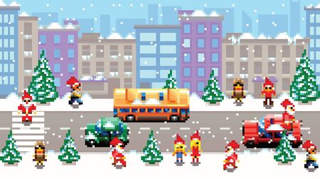 Pixel art xmas city scenery vector pattern background illustrationのイラスト素材