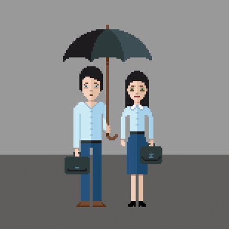 Sad man and girl under an umbrella, pixel art style vector illustrationのイラスト素材