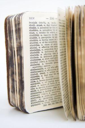 Old Dictionary, pages with words, short DOF shot in RAW with 4x Closeup Filter, this thing is only like 2" tall, used to be my mum's and it later had a distressing time while I burned it with a magnifying glass as a kid :Dの写真素材