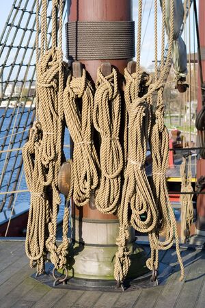 The rigging and rope details of a tall sailing ship at the scheepvaartmuseum (Maritime Museum) in...