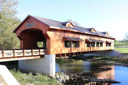 Vintage Rebuilt Cedar Covered Bridgeの写真素材