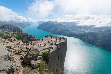 Cliff Preikestolen in fjord Lysefjord - Norway - nature and travel backgroundの写真素材