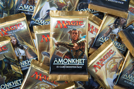 Bratislava, Slovakia, June 1, 2017: Magic the Gathering Booster packs with Amonkhet in the frontのeditorial素材