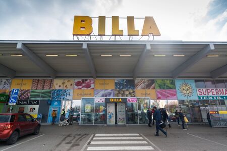 Nitra, Slovakia, march 28, 2018: Billa store. Now part of REWE Group, Billa was founded in 1953. With more than 1000 stores it is the largest supermarket chain.のeditorial素材