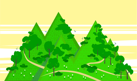 Trees, bushes, grass, flowers cover the hills. In the background, the evening sky.のイラスト素材