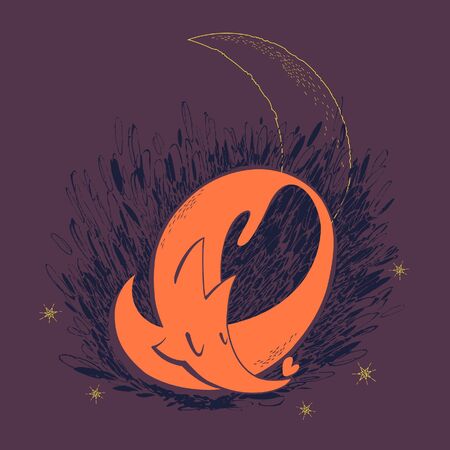 Sweetly sleeping fox in the grass of the star and a crescent in the background.のイラスト素材