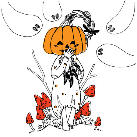 The little girl walks among the fly agarics and ghosts. She has the pumpkin on her head.のイラスト素材