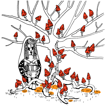 The girl came to collect fly agarics growing on a tree. She has a long cloak and the wicker basket.のイラスト素材