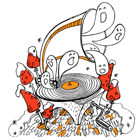 Old gramophone and strange noises, big fly agarics, marsh hummock, little snowのイラスト素材