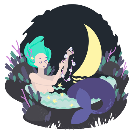 Mermaid bathing in a forest lake at nightのイラスト素材