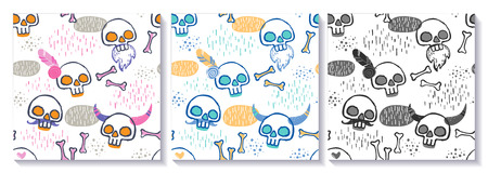 Set of 3 Patterns differing in color scheme. Funny skulls with different characters.のイラスト素材