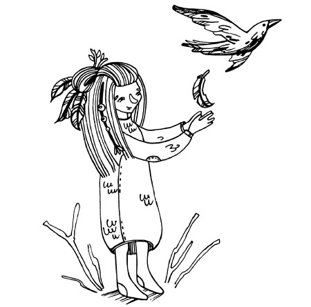 Flying bird dropped feather. Feather falls into the hands of a young girl.のイラスト素材
