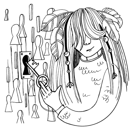 The girl is among the many keyholes. She holds a key that fits only one lock.のイラスト素材