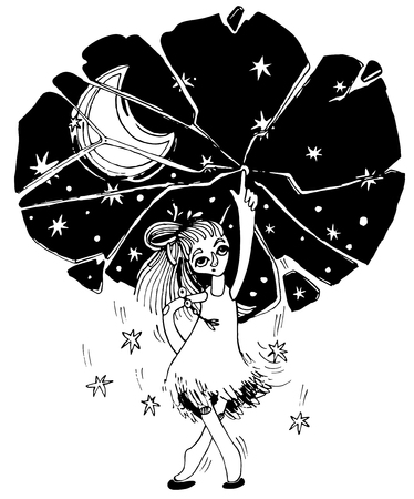 Allegory. The girl called stargazing inadvertently pointing a finger at the sky at the height of her dance.のイラスト素材
