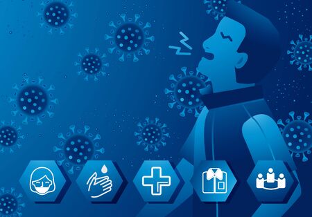 A sick man with the background of coronavirus drawing and the prevention of the virus.のイラスト素材