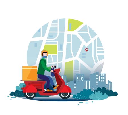 Safe contactless food and goods delivery by bike during a pandemic. Delivery of food and goods in medical masks. Delivery service.のイラスト素材
