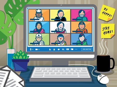 Teleconference for work from home and self quarantine in COVID-19 pandemic concept. Online meeting that involved different professions.のイラスト素材