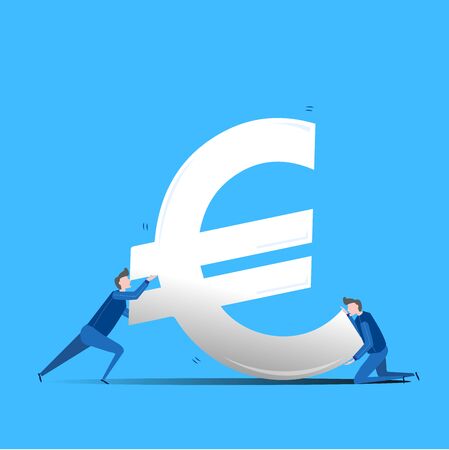 Illustration of a falling currency, and two men trying to stabilise it. The devaluation of Euro dollar sign during recession time.のイラスト素材